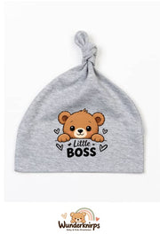 Knotenmütze Babybugz BZ15 in Grau meliert mit Motiv Bär Little Boss