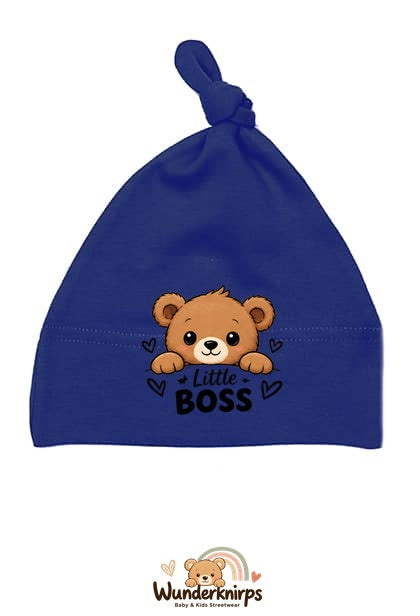 Knotenmütze Babybugz BZ15 in Marineblau mit Motiv Bär Little Boss