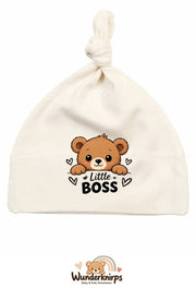 Knotenmütze Babybugz BZ15 in Natur mit Motiv Bär Little Boss