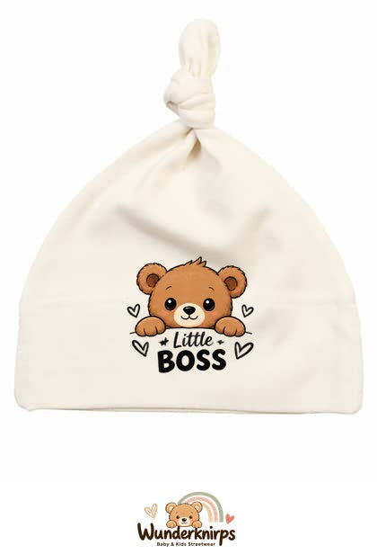 Knotenmütze Babybugz BZ15 in Natur mit Motiv Bär Little Boss