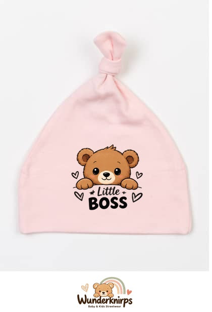 Knotenmütze Babybugz BZ15 in Pastellrosa mit Motiv Bär Little Boss