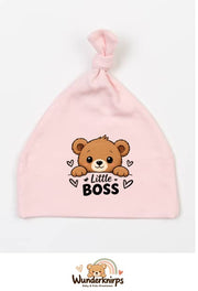 Knotenmütze Babybugz BZ15 in Pastellrosa mit Motiv Bär Little Boss