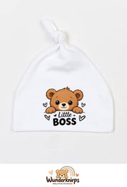 Knotenmütze Babybugz BZ15 in Weiß mit Motiv Bär Little Boss