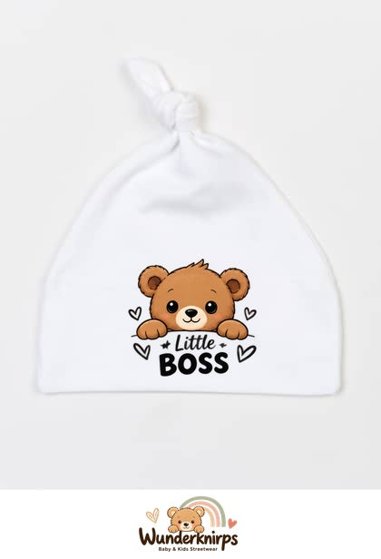 Knotenmütze Babybugz BZ15 in Weiß mit Motiv Bär Little Boss