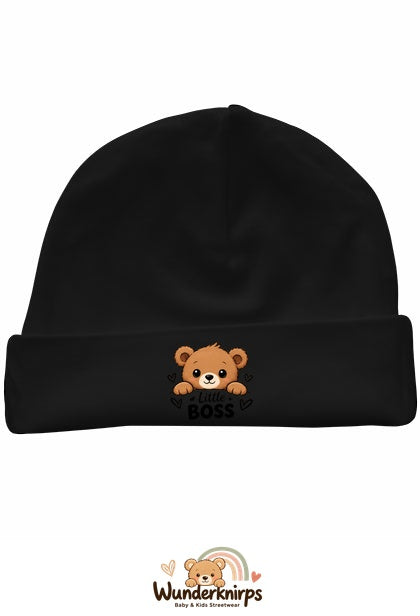 Umschlagmütze Rox-01 in Schwarz mit Motiv Bär Little Boss