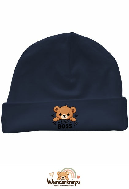 Umschlagmütze Rox-01 in Marineblau mit Motiv Bär Little Boss