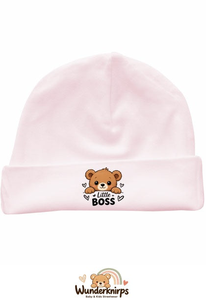 Umschlagmütze Rox-01 in Pastellrosa mit Motiv Bär Little Boss