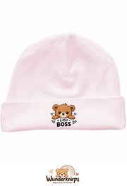 Umschlagmütze Rox-01 in Pastellrosa mit Motiv Bär Little Boss
