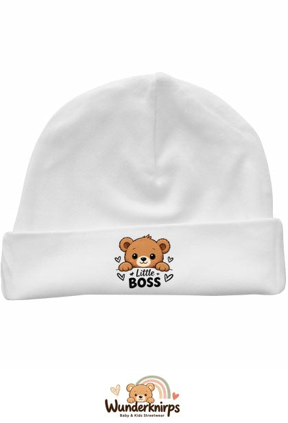 Umschlagmütze Rox-01 in Weiß mit Motiv Bär Little Boss