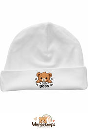 Umschlagmütze Rox-01 in Weiß mit Motiv Bär Little Boss