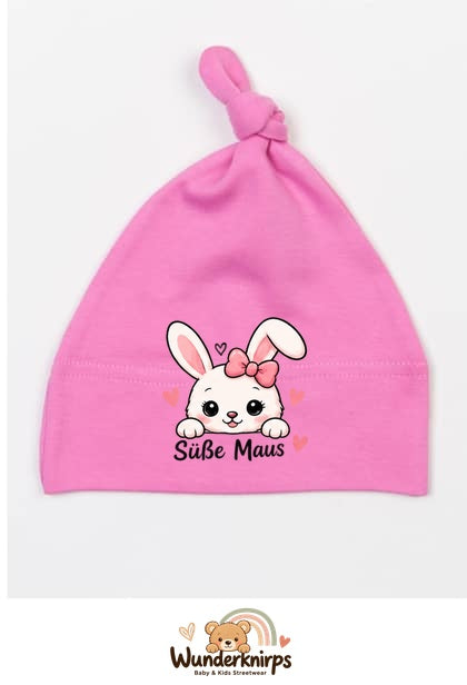 Knotenmütze Babybugz BZ15 in Bubblegum-Pink mit Motiv Hase Süße Maus