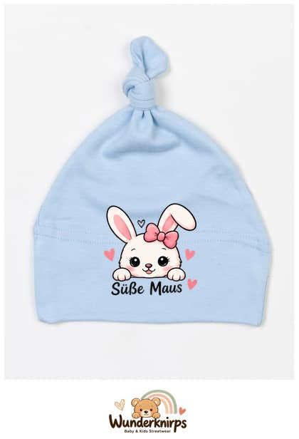 Knotenmütze Babybugz BZ15 in Staubblau mit Motiv Hase Süße Maus
