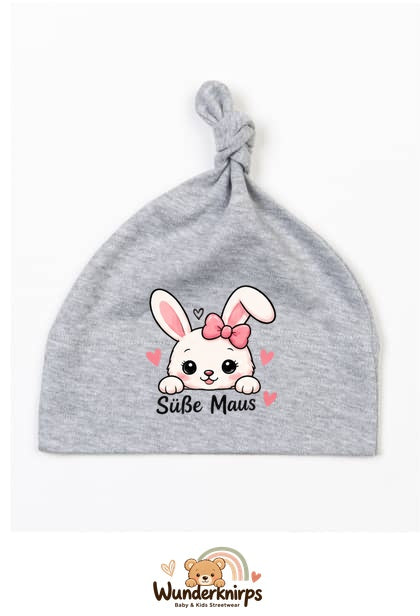 Knotenmütze Babybugz BZ15 in Grau meliert mit Motiv Hase Süße Maus