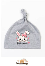 Knotenmütze Babybugz BZ15 in Grau meliert mit Motiv Hase Süße Maus