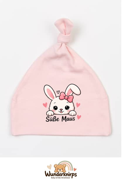 Knotenmütze Babybugz BZ15 in Pastellrosa mit Motiv Hase Süße Maus