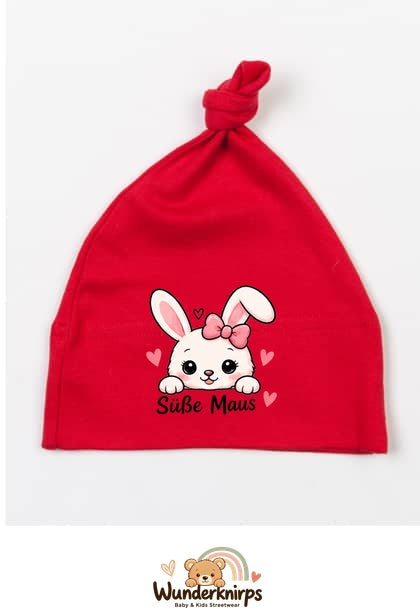 Knotenmütze Babybugz BZ15 in Rot mit Motiv Hase Süße Maus