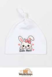 Knotenmütze Babybugz BZ15 in Weiß mit Motiv Hase Süße Maus