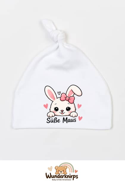 Knotenmütze Babybugz BZ15 in Weiß mit Motiv Hase Süße Maus