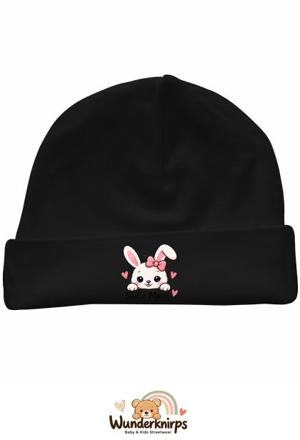 Umschlagmütze Rox-01 in Schwarz mit Motiv Hase Süße Maus