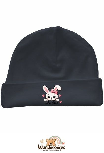 Umschlagmütze Rox-01 in Anthrazit mit Motiv Hase Süße Maus