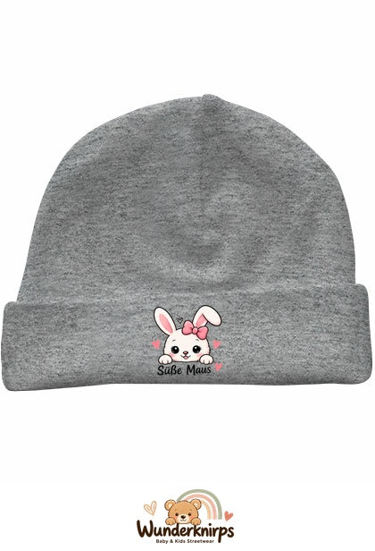 Umschlagmütze Rox-01 in Grau meliert mit Motiv Hase Süße Maus