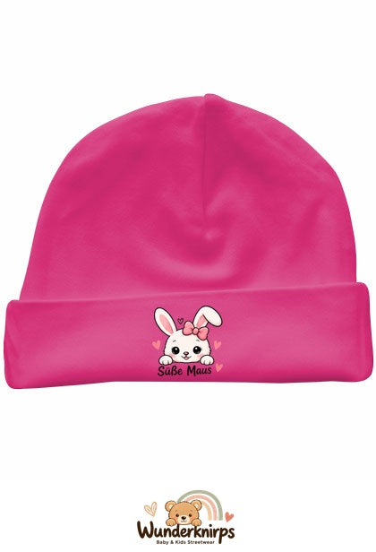Umschlagmütze Rox-01 in Pink mit Motiv Hase Süße Maus