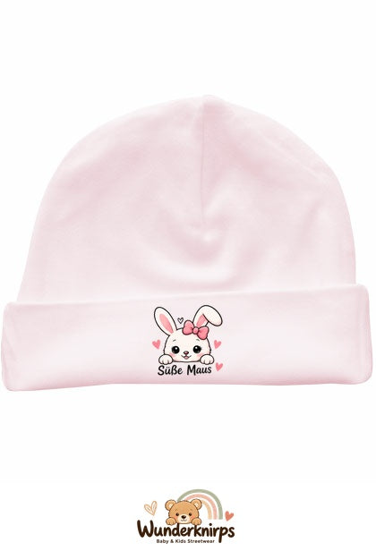 Umschlagmütze Rox-01 in Pastellrosa mit Motiv Hase Süße Maus