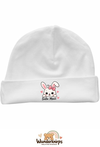 Umschlagmütze Rox-01 in Weiß mit Motiv Hase Süße Maus
