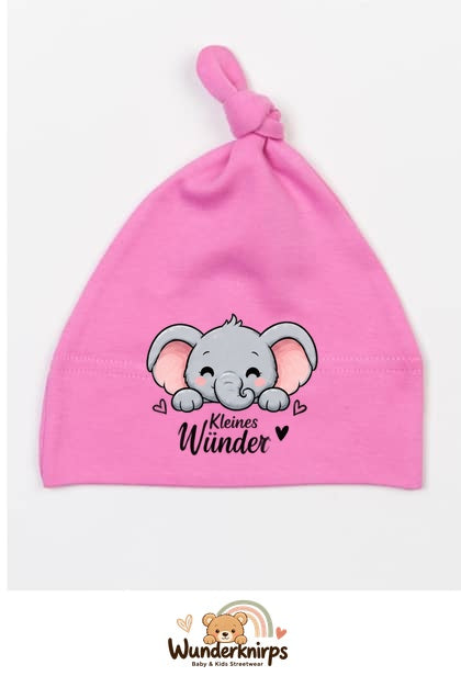 Knotenmütze Babybugz BZ15 in Bubblegum-Pink mit Motiv Elefant Kleines Wunder