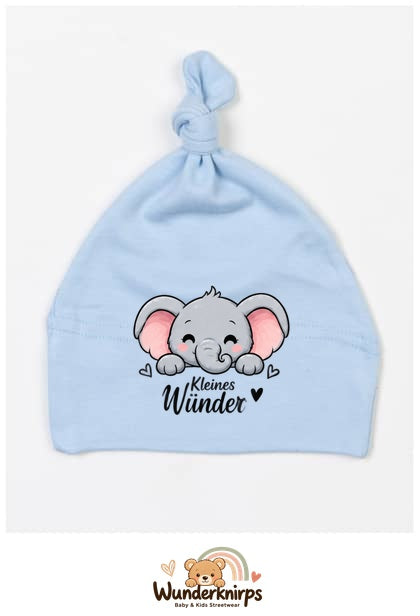 Knotenmütze Babybugz BZ15 in Staubblau mit Motiv Elefant Kleines Wunder