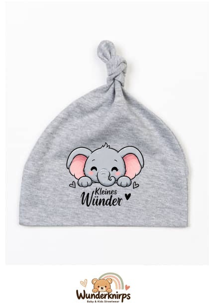 Knotenmütze Babybugz BZ15 in Grau meliert mit Motiv Elefant Kleines Wunder