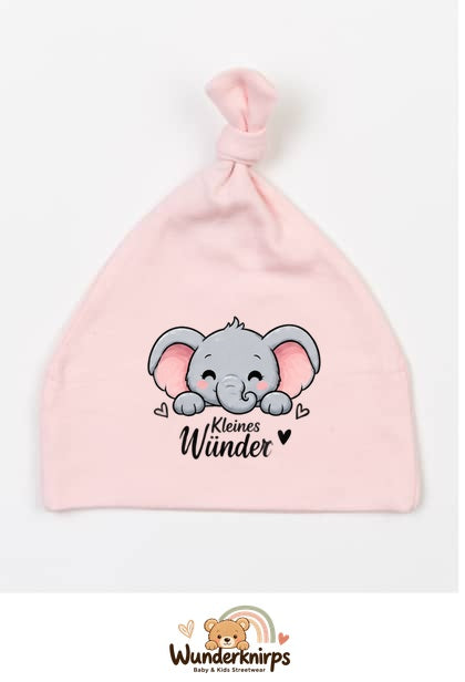Knotenmütze Babybugz BZ15 in Pastellrosa mit Motiv Elefant Kleines Wunder