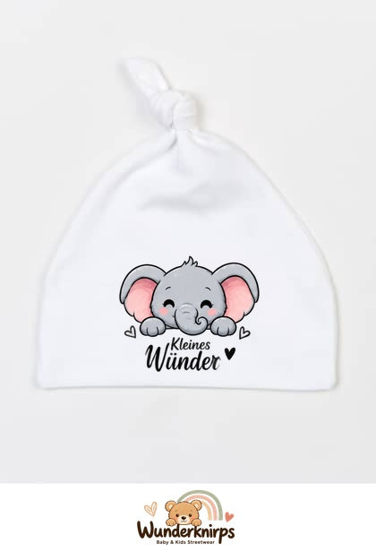 Knotenmütze Babybugz BZ15 in Weiß mit Motiv Elefant Kleines Wunder
