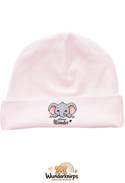 Umschlagmütze Rox-01 in Pastellrosa mit Motiv Elefant Kleines Wunder