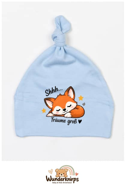 Knotenmütze Babybugz BZ15 in Staubblau mit Motiv Fuchs Träume groß
