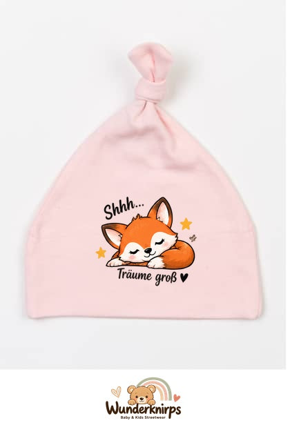 Knotenmütze Babybugz BZ15 in Pastellrosa mit Motiv Fuchs Träume groß