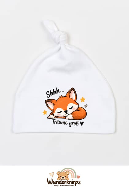 Knotenmütze Babybugz BZ15 in Weiß mit Motiv Fuchs Träume groß