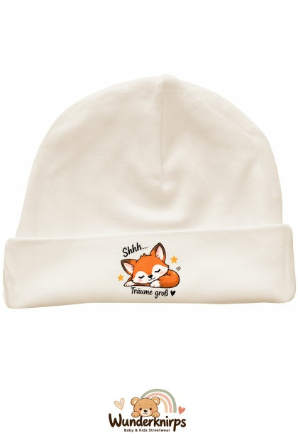 Umschlagmütze Rox-01 in Natur mit Motiv Fuchs Träume groß