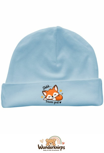 Umschlagmütze Rox-01 in Pastellblau mit Motiv Fuchs Träume groß