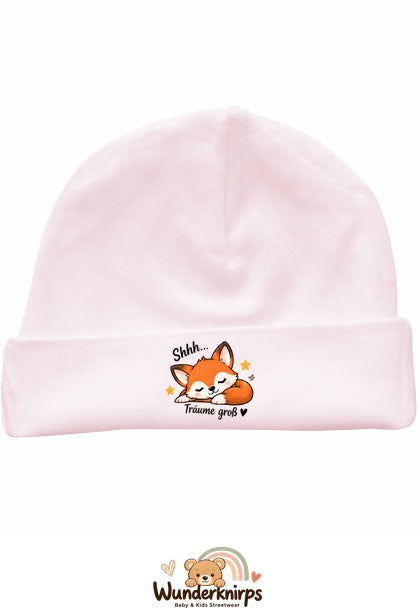 Umschlagmütze Rox-01 in Pastellrosa mit Motiv Fuchs Träume groß