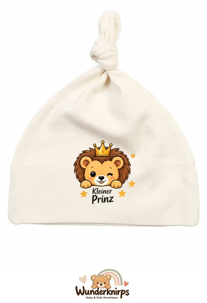 Knotenmütze Babybugz BZ15 in Natur mit Motiv Löwe Kleiner Prinz