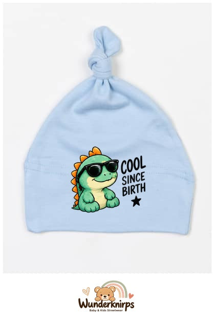 Knotenmütze Babybugz BZ15 in Staubblau mit Motiv Dino Cool since Birth