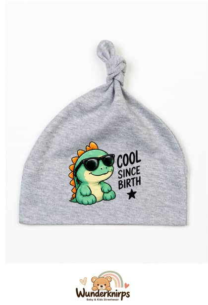 Knotenmütze Babybugz BZ15 in Grau meliert mit Motiv Dino Cool since Birth