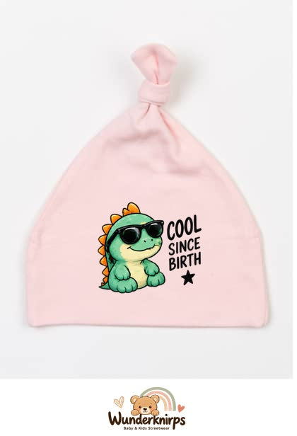 Knotenmütze Babybugz BZ15 in Pastellrosa mit Motiv Dino Cool since Birth