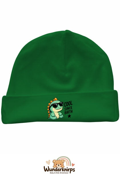 Umschlagmütze Rox-01 in Grün mit Motiv Dino Cool since Birth