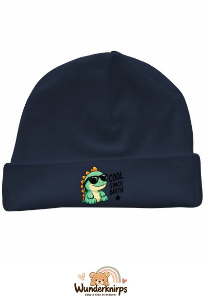 Umschlagmütze Rox-01 in Marineblau mit Motiv Dino Cool since Birth