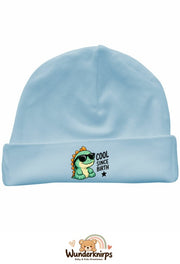 Umschlagmütze Rox-01 in Pastellblau mit Motiv Dino Cool since Birth