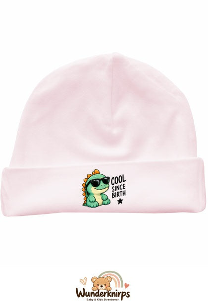 Umschlagmütze Rox-01 in Pastellrosa mit Motiv Dino Cool since Birth