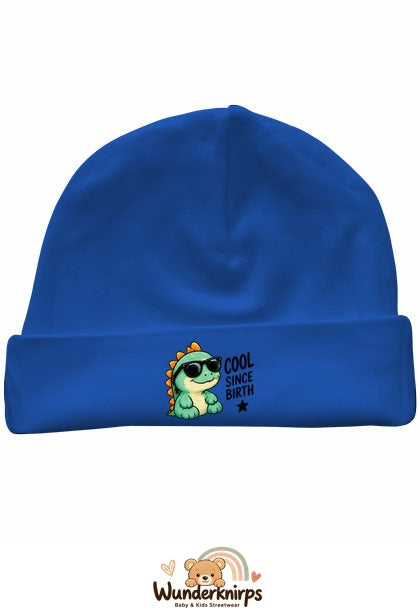 Umschlagmütze Rox-01 in Royalblau mit Motiv Dino Cool since Birth