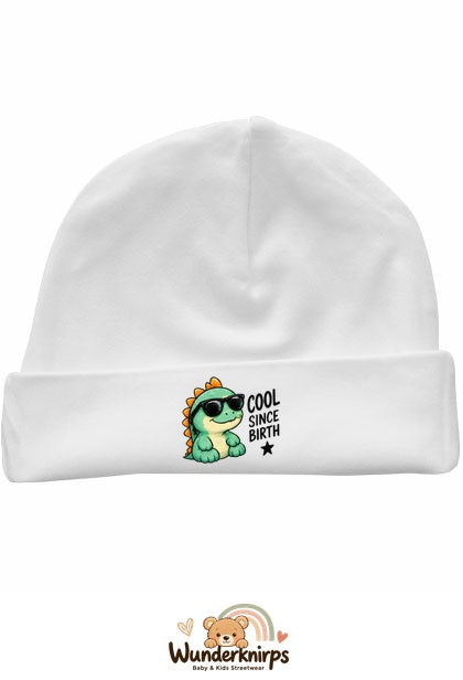 Umschlagmütze Rox-01 in Weiß mit Motiv Dino Cool since Birth